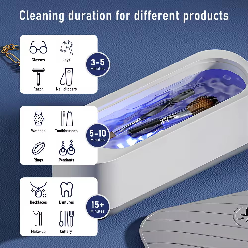 Chart of cleaning times for glasses, jewelry, watches, rings and small items