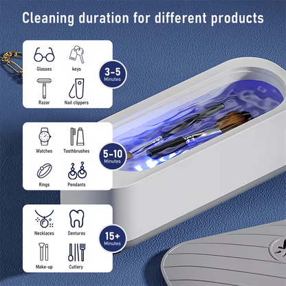 Chart of cleaning times for glasses, jewelry, watches, rings and small items
