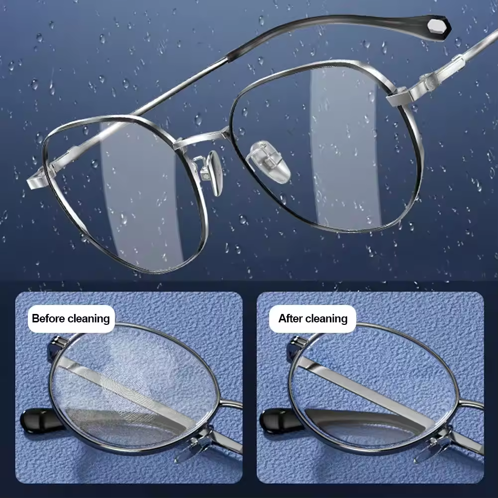 Eyeglasses being cleaned, before and after comparison showing clearer lenses